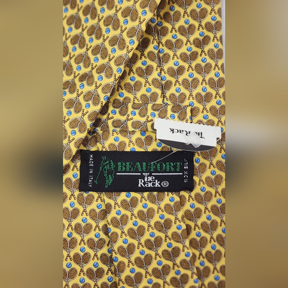 NWT BEAUFORT TIE RACK THE ART OF SILK, MEN'S TIE, YELLOW, 100% SILK, TENNIS LOGO - Picture 4 of 8